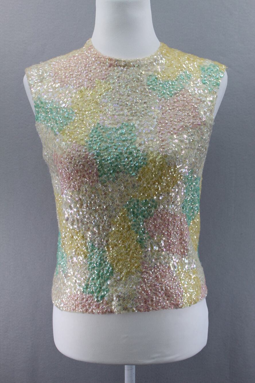 Vintage 1960's Bruce Arnold Ltd Pastel Sequin Wool Sweater Top Women's Small